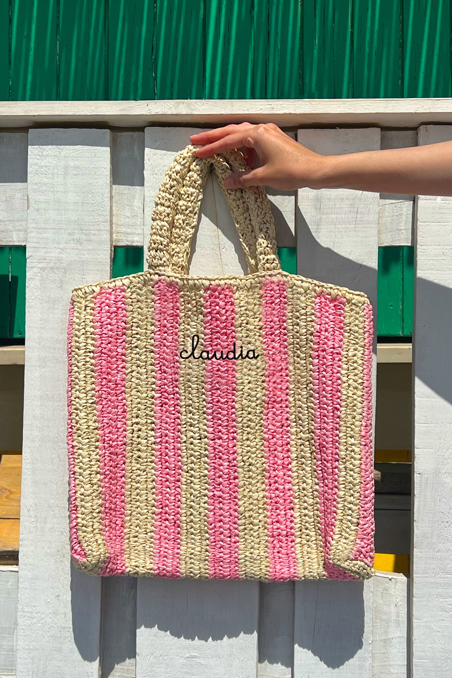Borsa a Mano in Rafia - Righe rosa