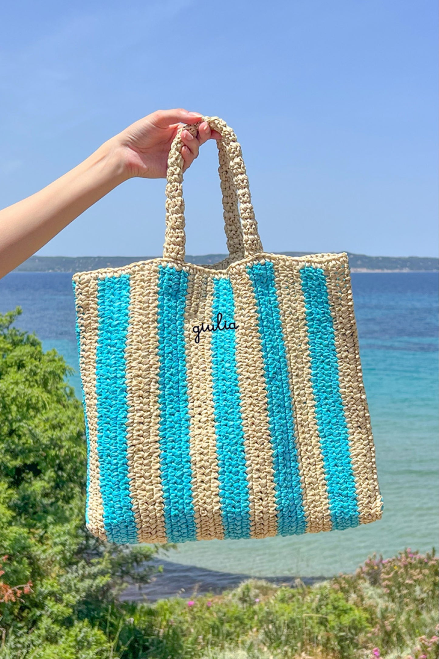 Borsa a Mano in Rafia - Righe azzurre