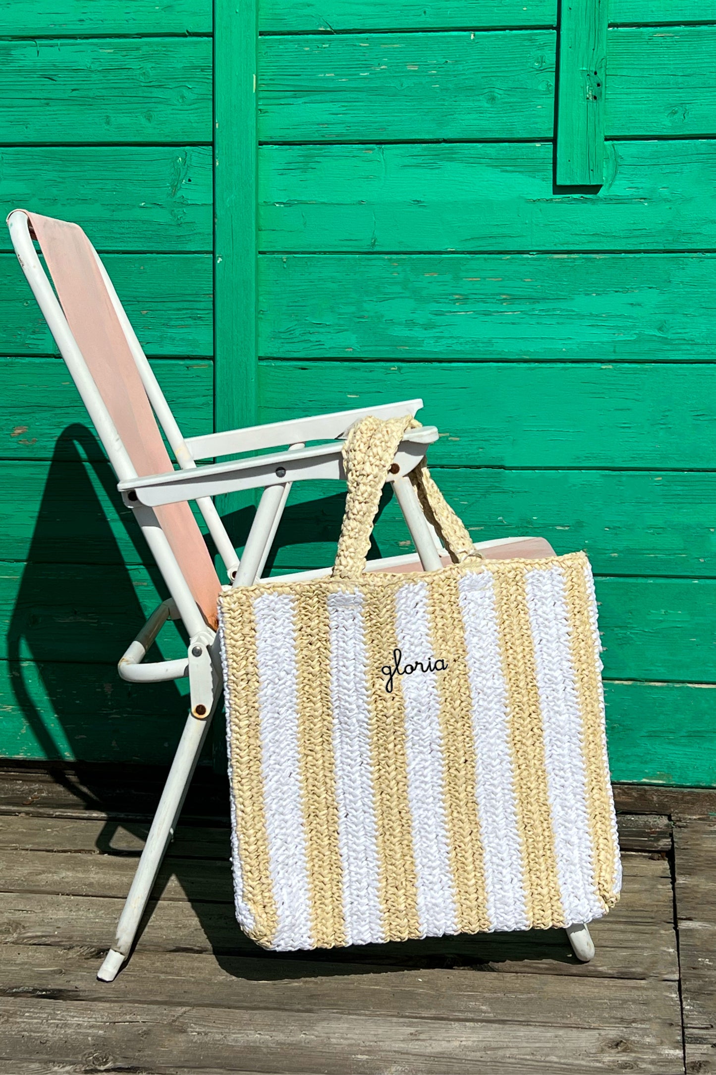 Borsa a Mano in Rafia - Righe bianche