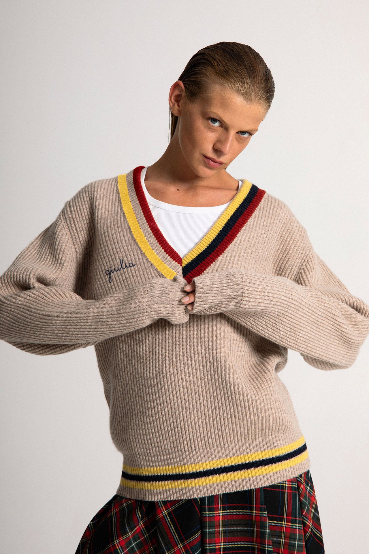 Maglione con Collo a V - Naturale