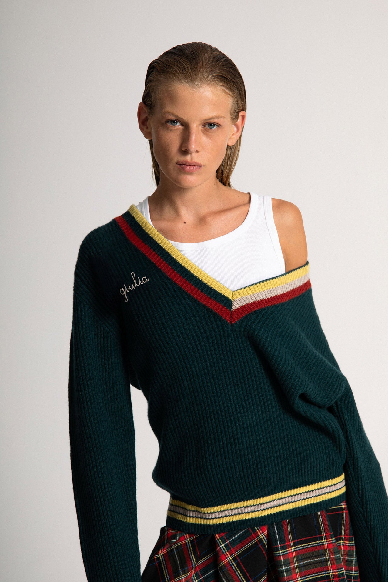 Maglione con Collo a V - Verde bottiglia
