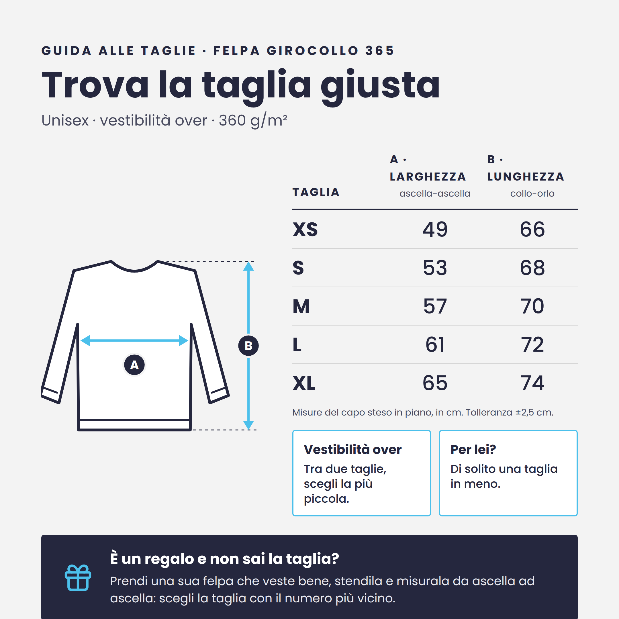 Guida alle taglie Felpa Girocollo 365: larghezza e lunghezza in cm dalla XS alla XL