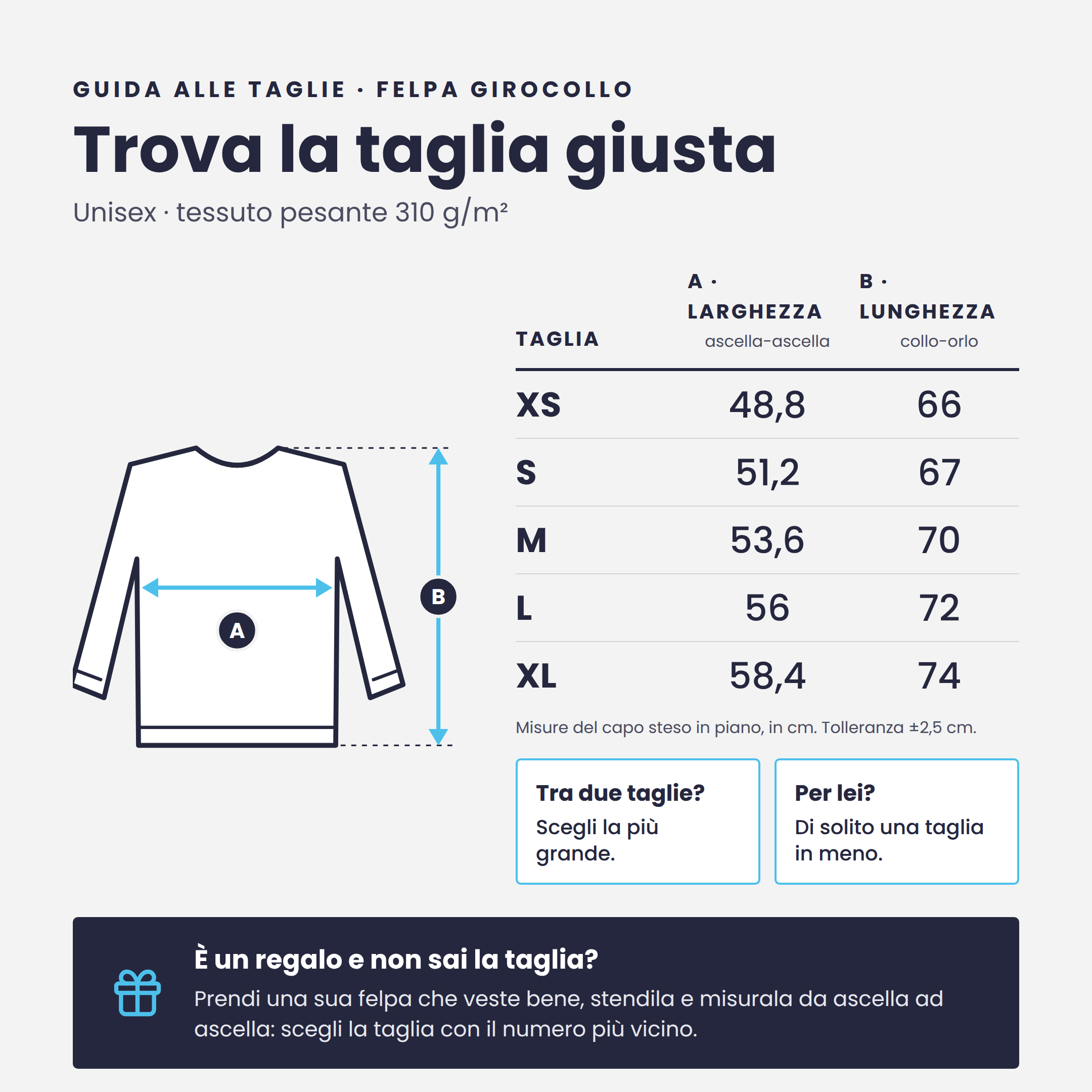 Guida alle taglie Felpa Girocollo Pesante: larghezza e lunghezza in cm dalla XS alla XL