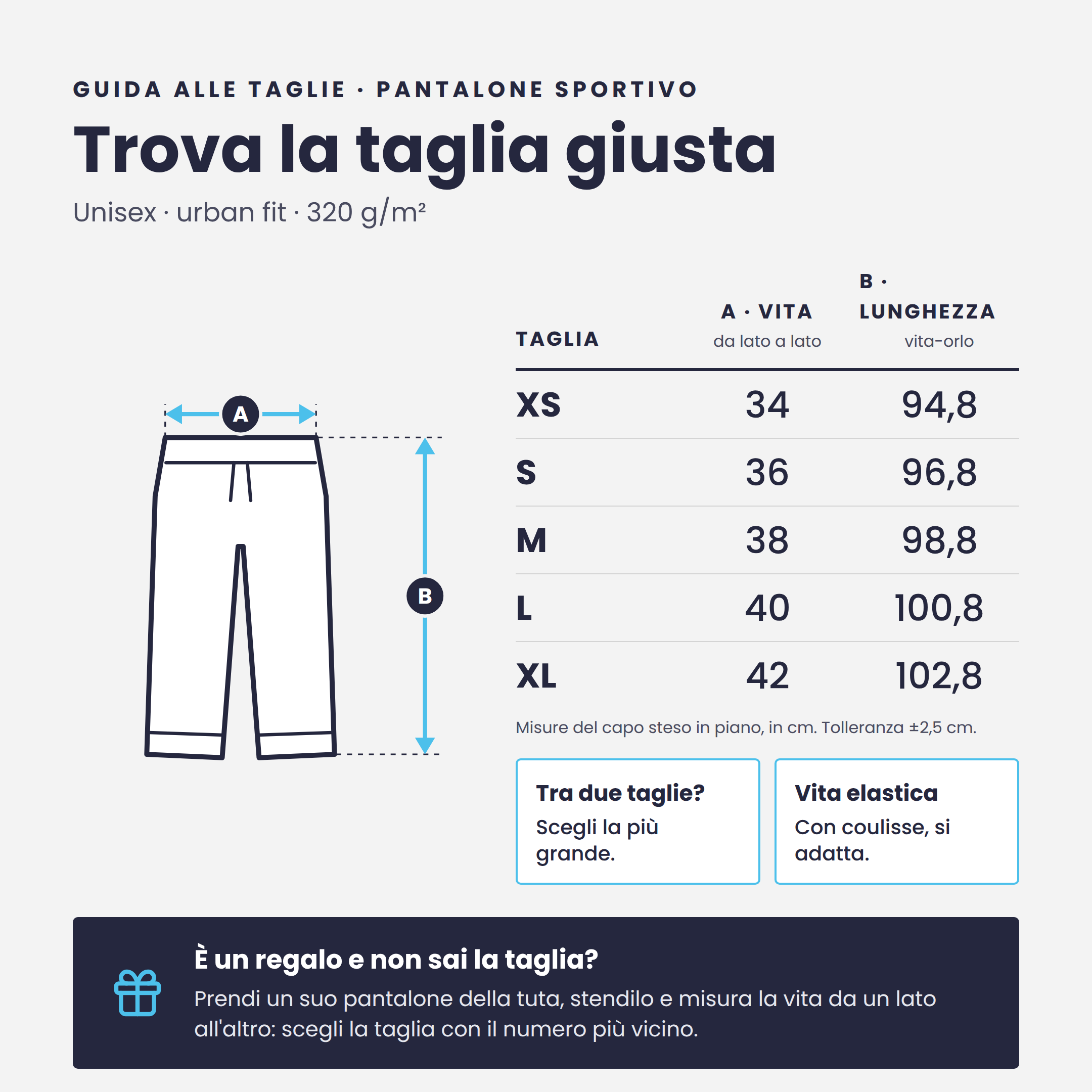 Guida alle taglie Pantalone Sportivo Pesante: vita e lunghezza in cm dalla XS alla XL