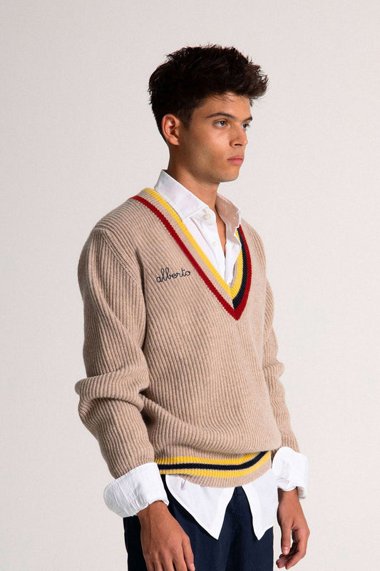Maglione con Collo a V - Naturale