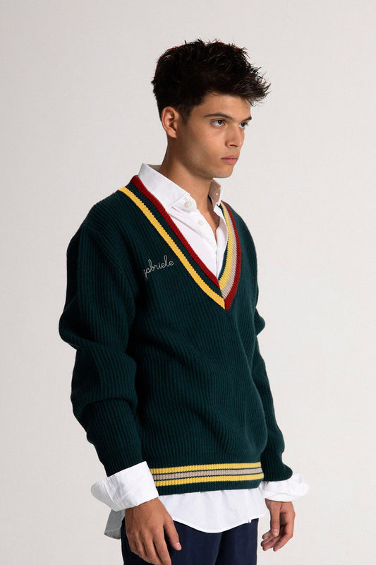 Maglione con Collo a V - Verde bottiglia