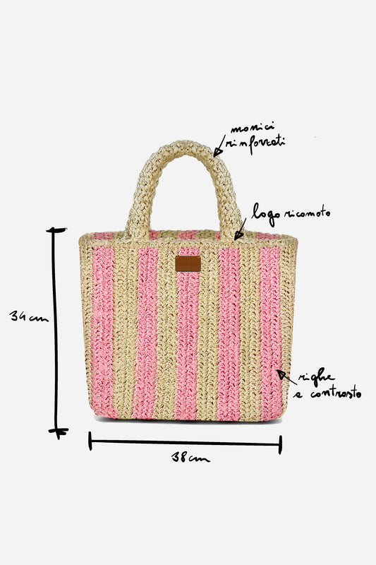 Borsa a Mano in Rafia - Righe rosa