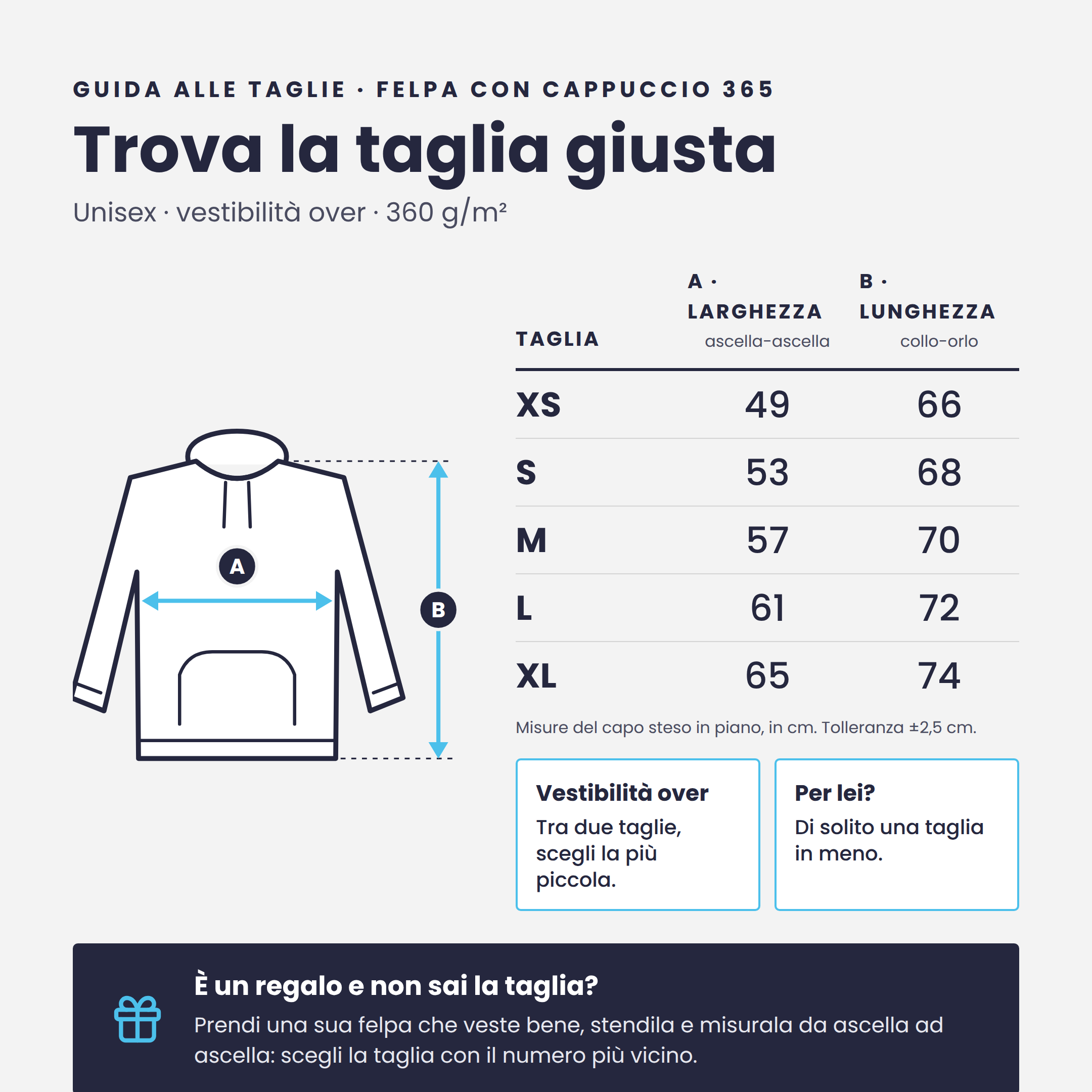 Guida alle taglie Felpa con Cappuccio 365: larghezza e lunghezza in cm dalla XS alla XL