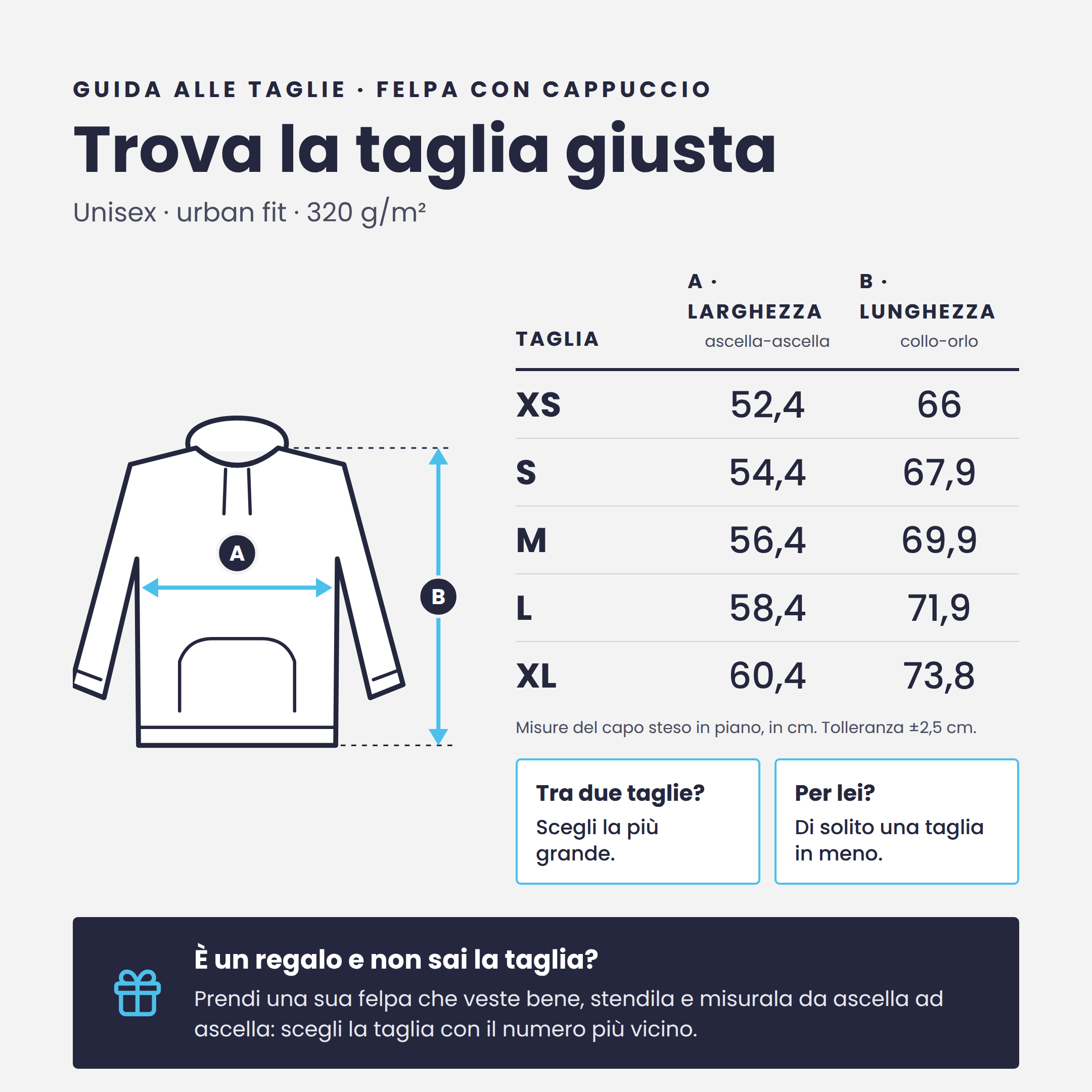 Guida alle taglie Felpa con Cappuccio Pesante: larghezza e lunghezza in cm dalla XS alla XL