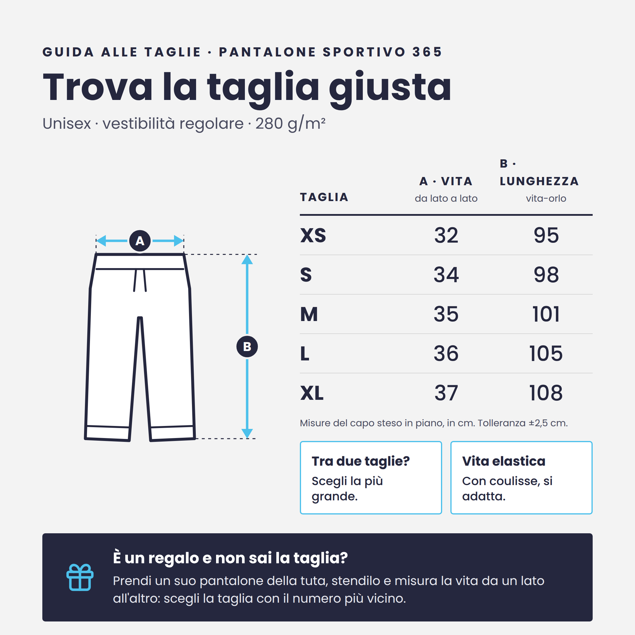 Guida alle taglie Pantaloni Sportivi 365: vita e lunghezza in cm dalla XS alla XL