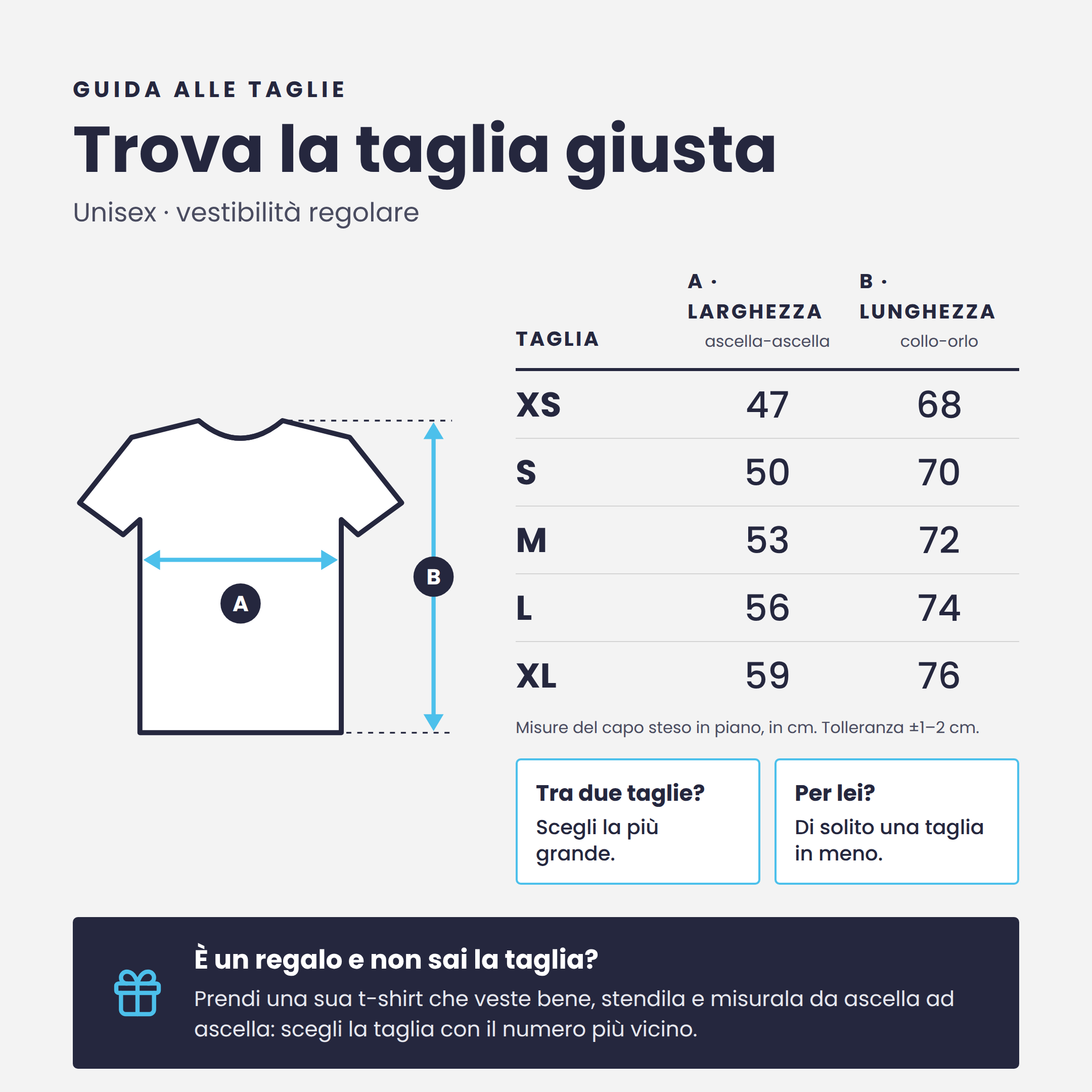 Guida alle taglie T-shirt Idèntity: larghezza e lunghezza in cm dalla XS alla XL