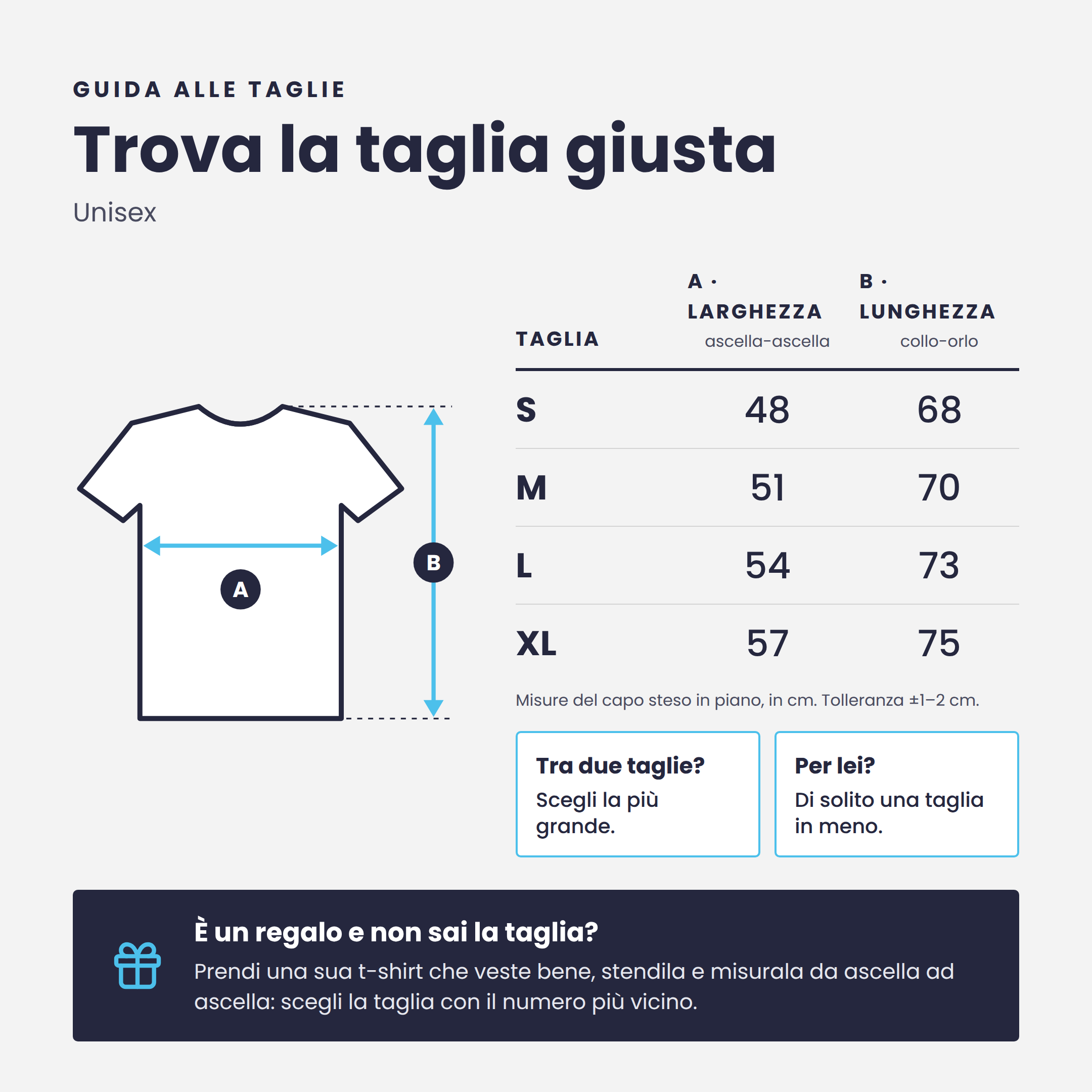 Guida alle taglie T-shirt stampate Idèntity: larghezza e lunghezza in cm dalla S alla XL