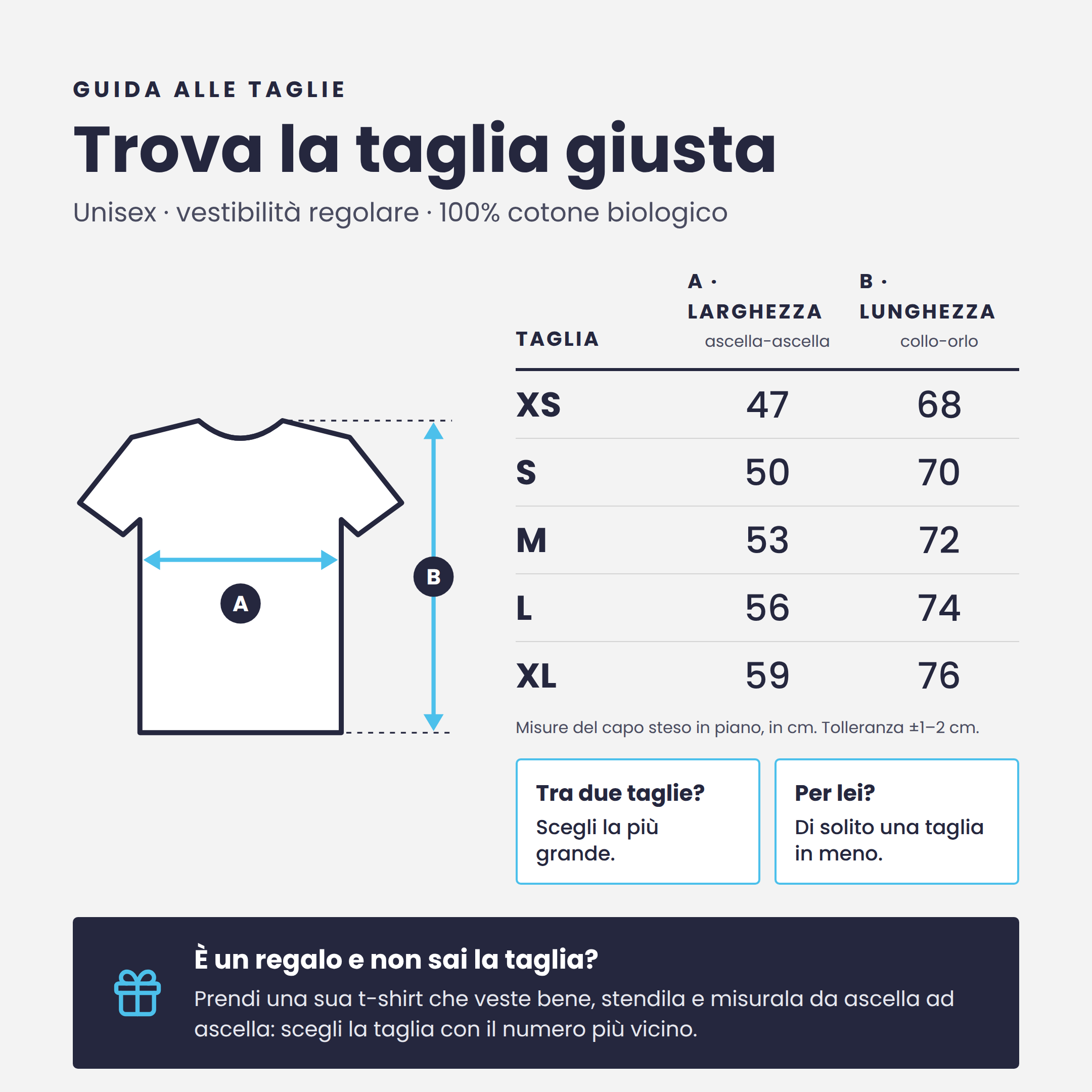 Guida alle taglie T-shirt Idèntity: larghezza e lunghezza in cm dalla XS alla XL