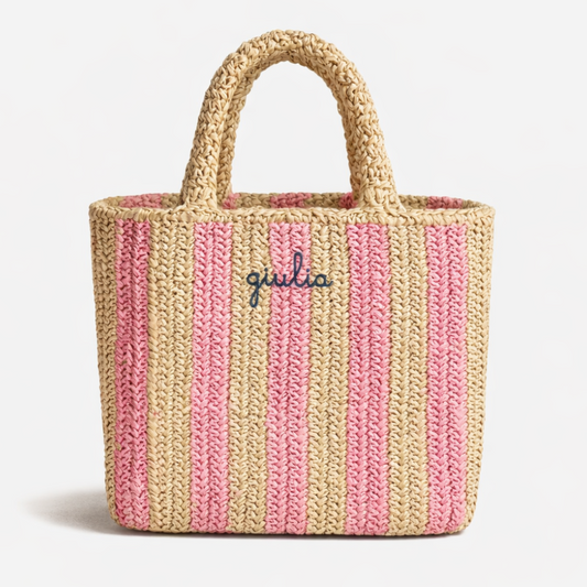 Borsa a Mano in Rafia - Righe rosa