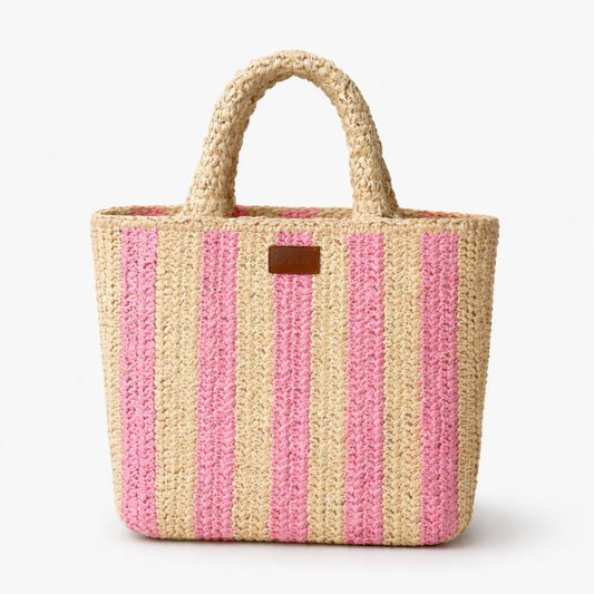 Borsa a Mano in Rafia - Righe rosa